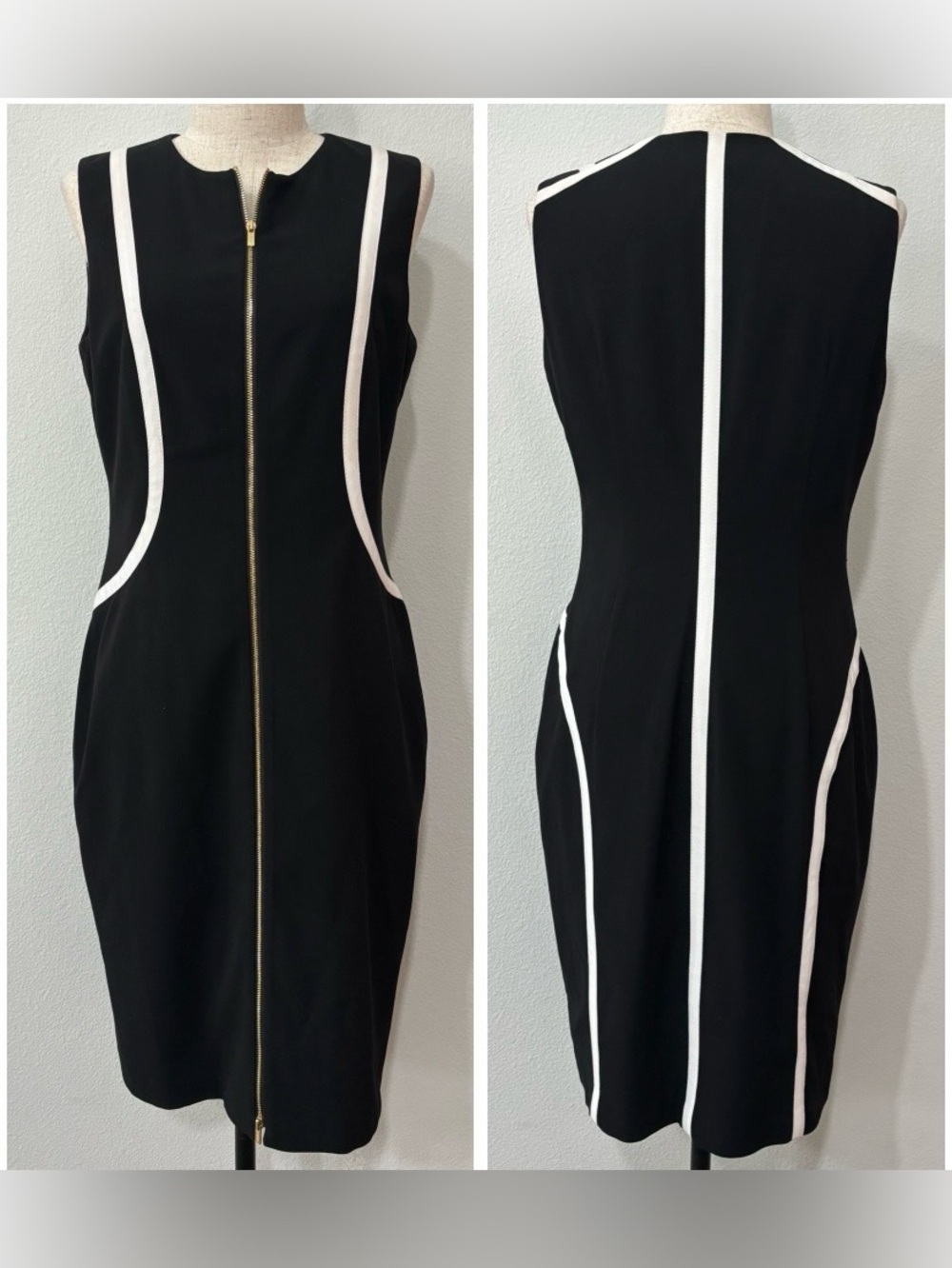 black Calvin Klein sleeveless dress w/ white trim + full zipper EUC - size 8